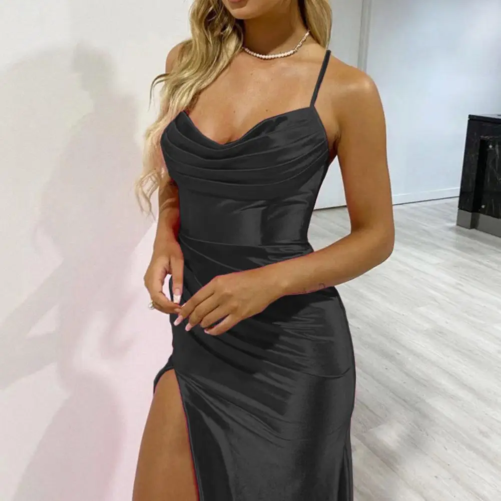 Cocktail Party Dress Elegant Spaghetti Strap Maxi Dress with Side Slit Pleated Back for Wedding Banquet Cocktail Party Women's