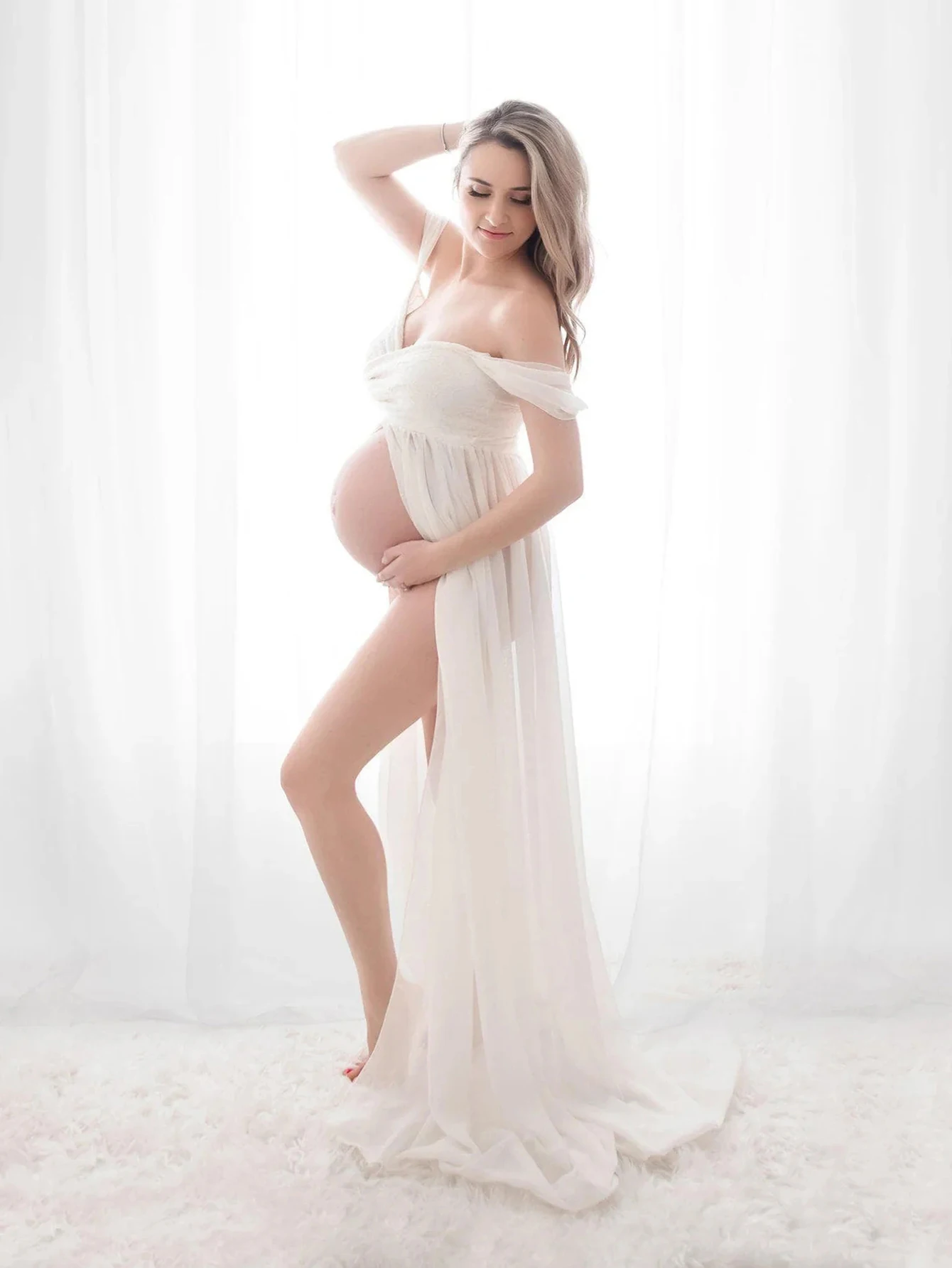 JustVH Maternity Off Shoulder Chiffon Lace Gown Split Front Maxi Photography Dress for Photoshoot