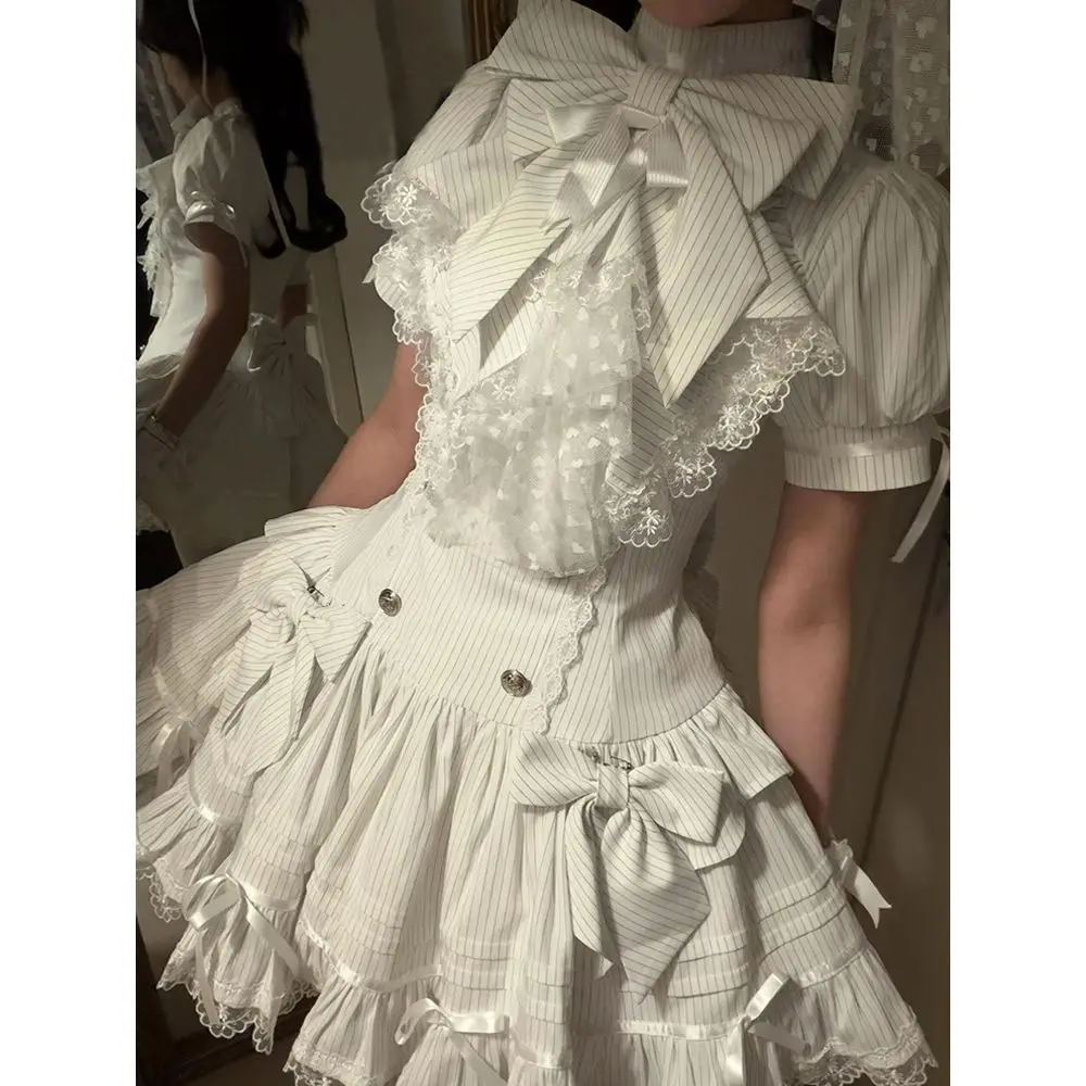 Franse romantische Lolita-jurk lente zomer nieuwe gotische gestreepte elegante grote strik kant hoge hals taille cincher gelaagde taartjurk Y2k