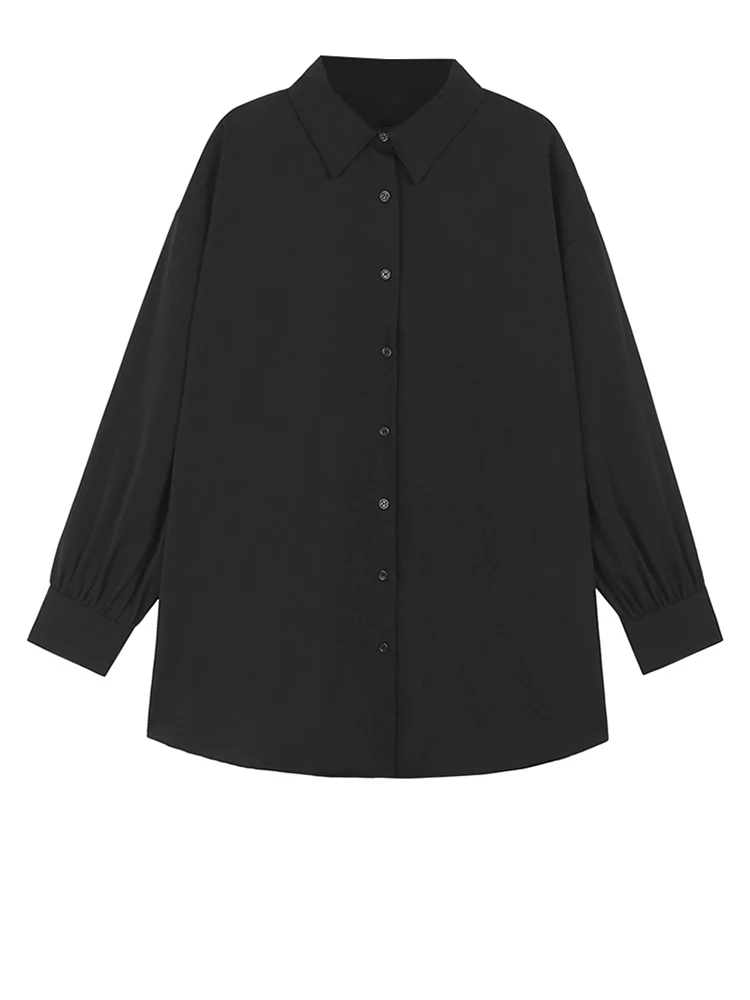 [EAM] Women Black Apricot Back Pleated Big Size Blouse New Lapel Long Sleeve Shirt Fashion Tide Spring Autumn 2024 1DH6768