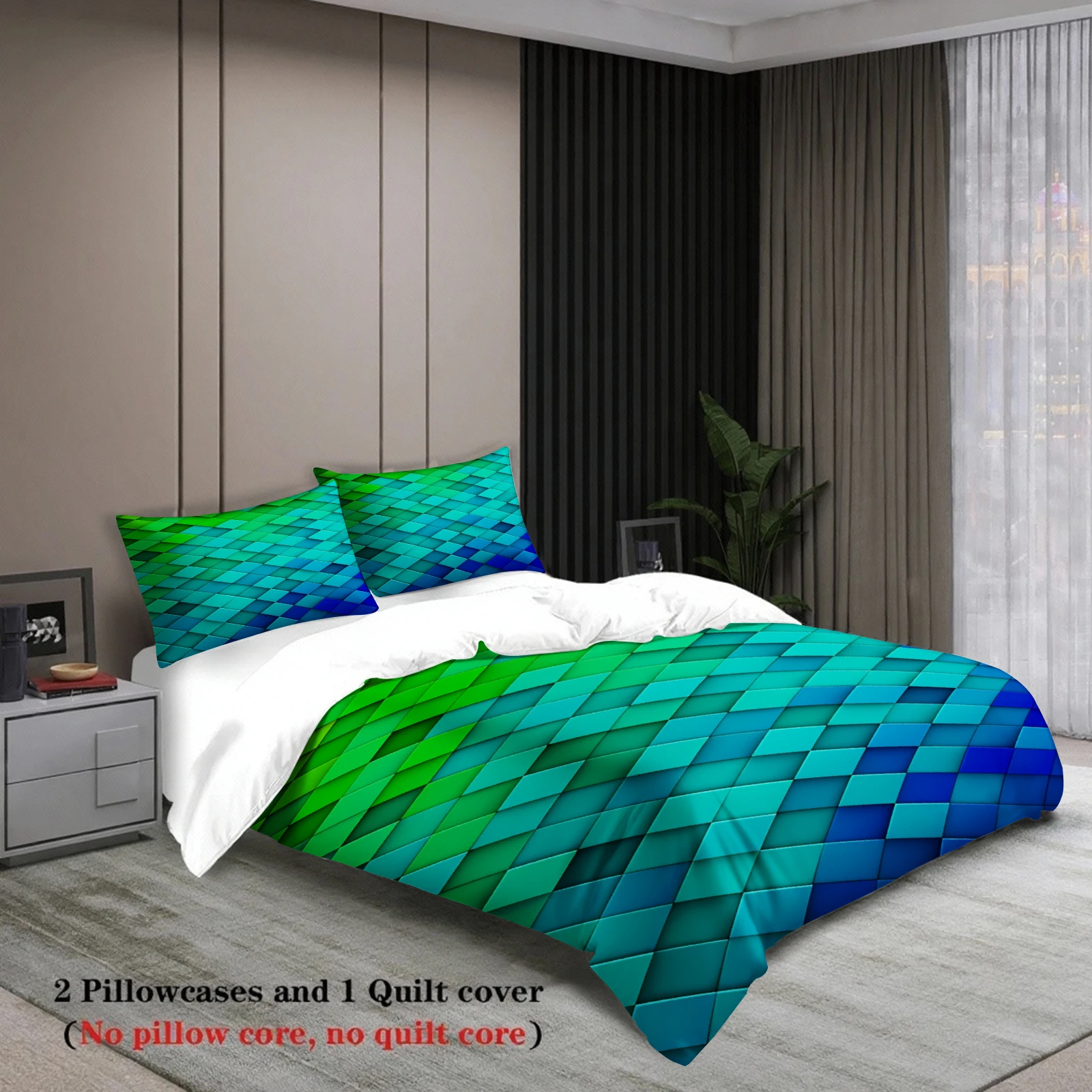 Green Blue 3D Geometric Bedding Set Gradient Scale Duvet Cover Pillowcase Set Soft Breathable For Bedroom Decor