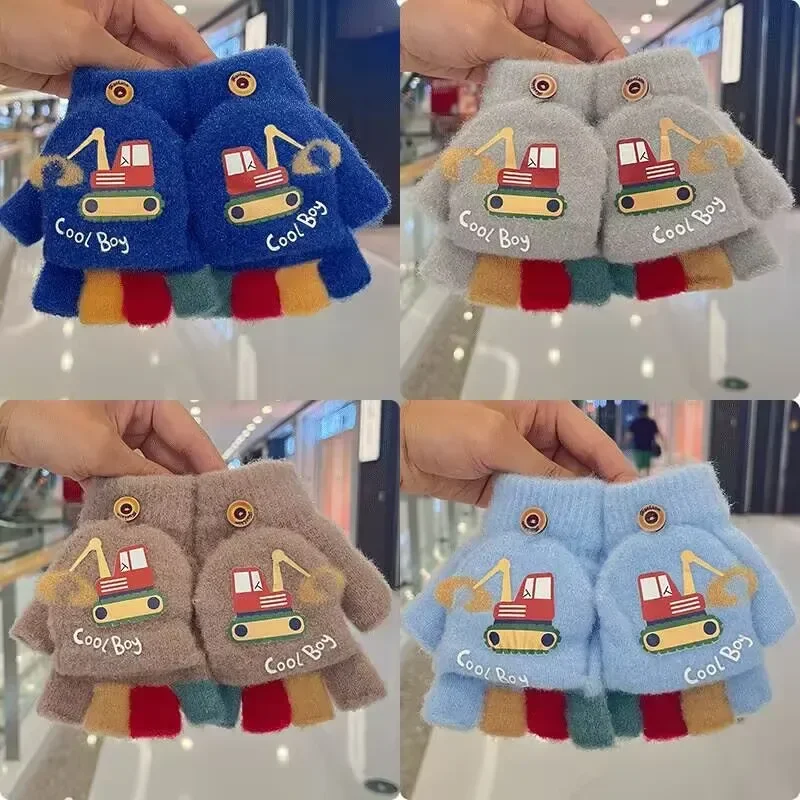 

Cartoon Winter Gloves for Boy Cute Excavator Thick Warm Kids Half Finger Flip Mittens Outdoor Toddler Windproof Children Gloves