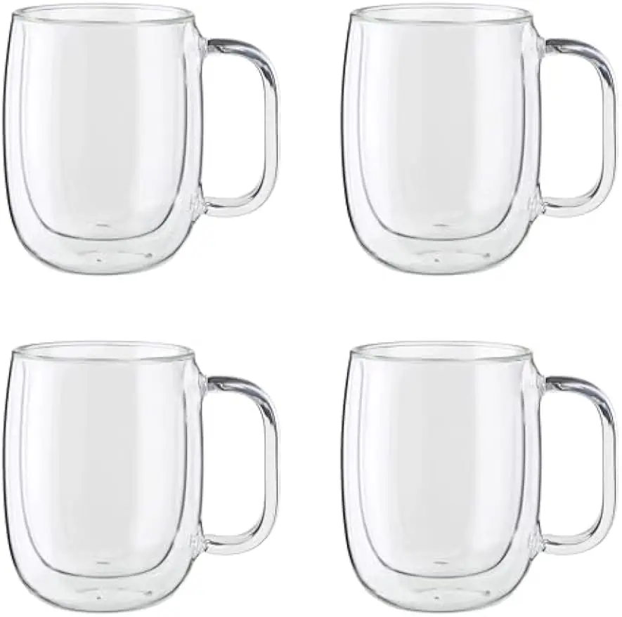 

4-Piece Insulated Double-Wall Glass Coffee Mugs, 12 oz (355ml), Clear - Keeps Drinks Hot or Cold