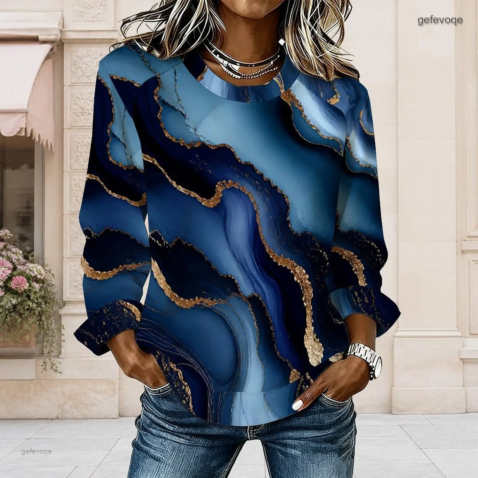 Women Teal Navy Green Swirling Marble Gold Print Round Neck Long Sleeve Curved Hem Top