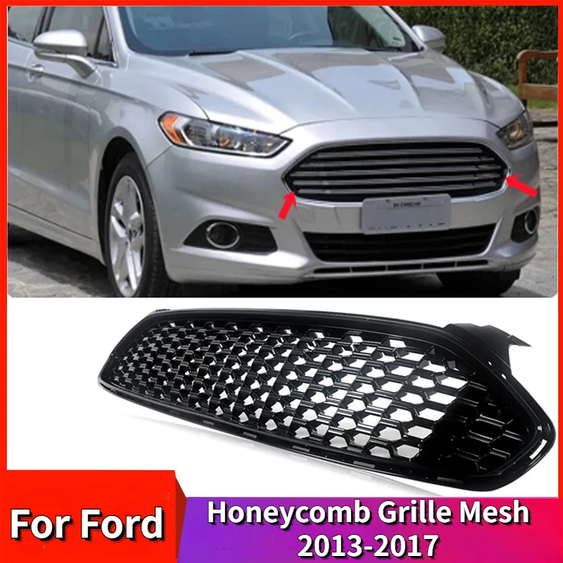 For Ford Fusion 2013-2017 Honeycomb Front Bumper Grille Mesh Replace Car Guard Protector Cover Body Kits Accessories Gloss Black