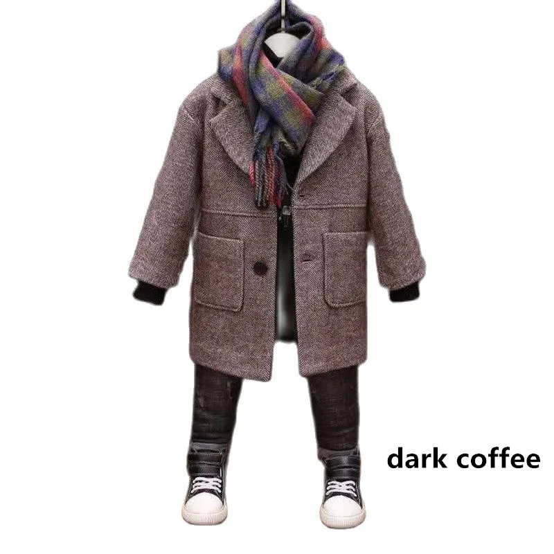 Boys Woolen Coat 2024 Spring Autumn New Fashion Solid Turn Collar Outwear 5-14T Children Overcoat High Quality