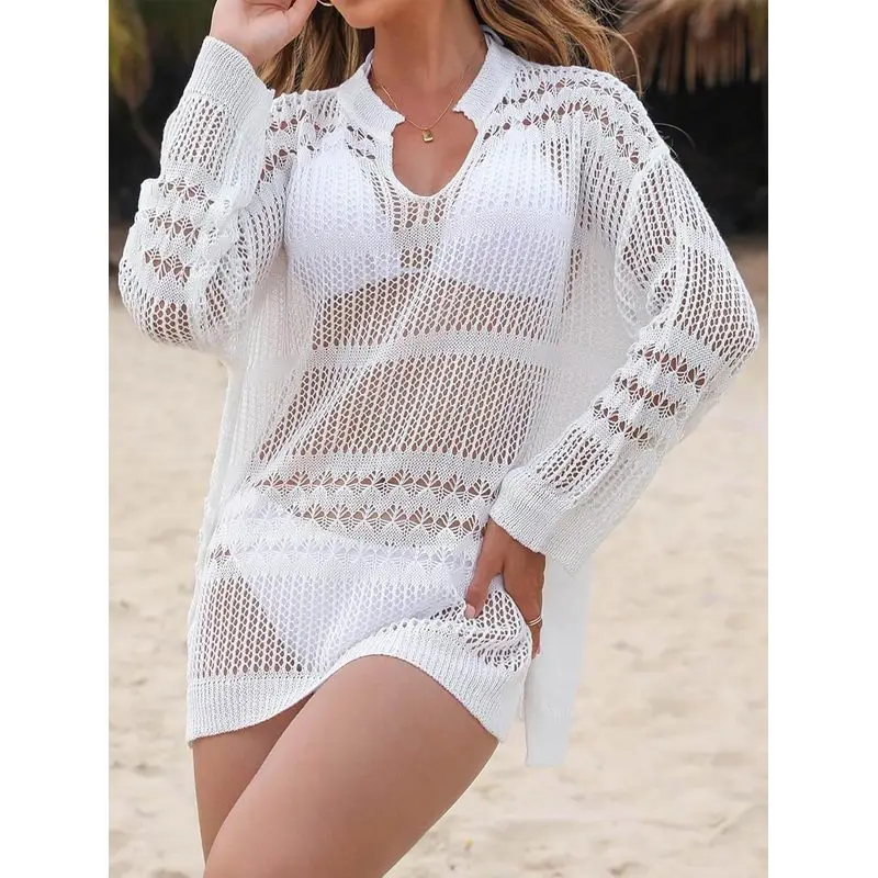 Women's Summer Crochet Blouse Hollow Out Long Sleeve Beach Bikini Swimsuit Mesh Cover Up Tunic Top