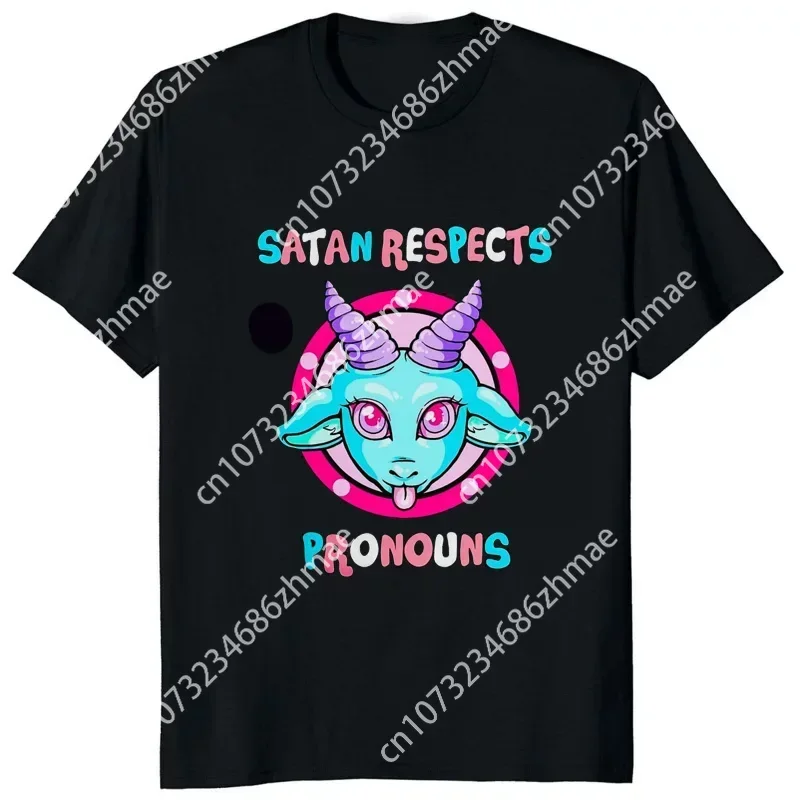 Gothic Baphomet Goat Kawaii T Shirt Satan Respects Pronouns Printed Women Tshirt Atheist Halloween Tops Satan Demon Ghost Tees