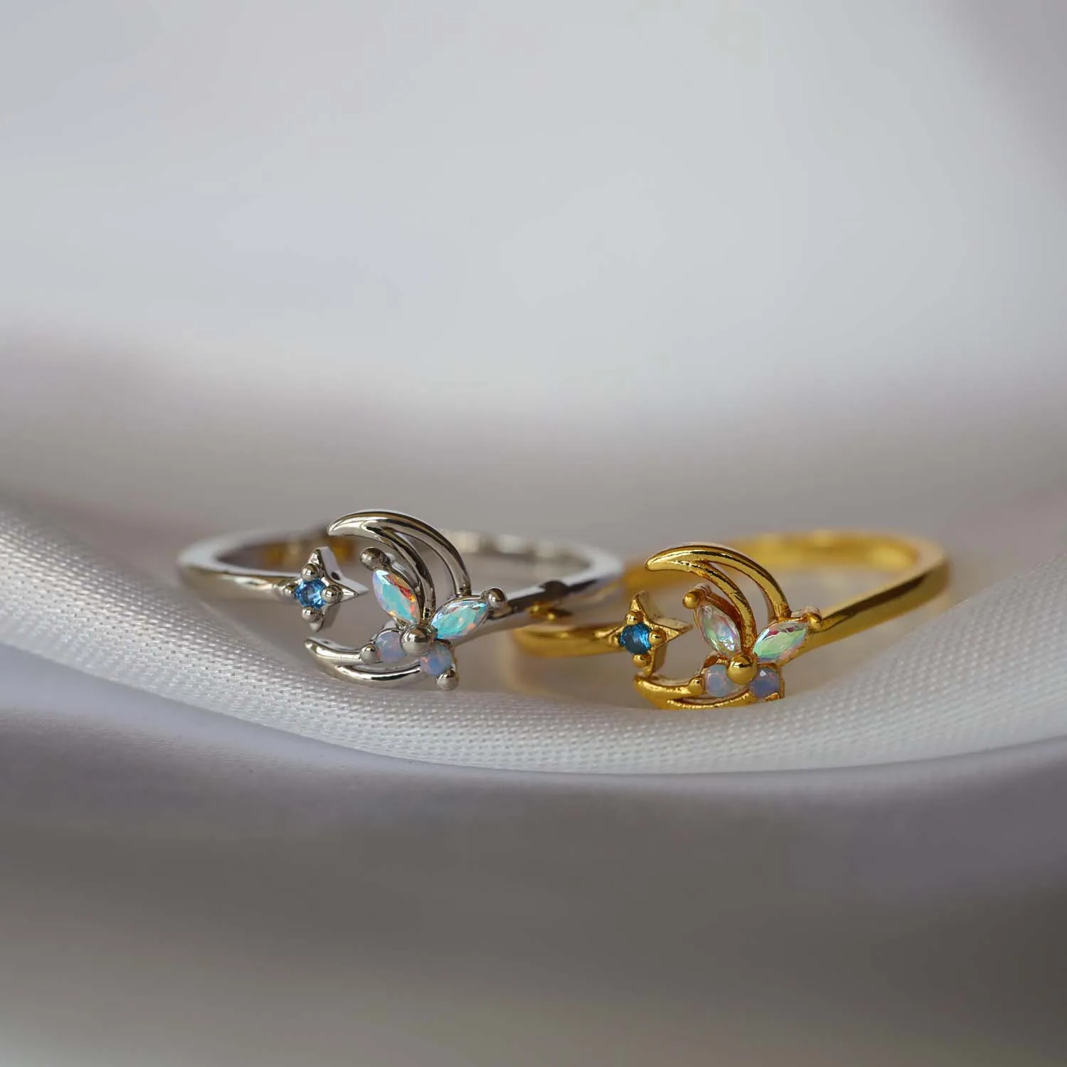 Blue Star Crescent Moon Open Adjustable Ring Opal Gemstone Butterfly Resizable Finger Ring Women Jewelry