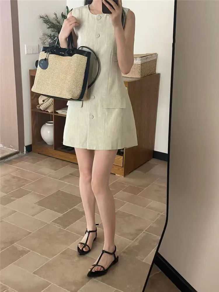 Col rond Style Simple solide abricot gris rose une ligne Mini robe nouvel été femmes simple poitrine sans manches décontracté robe courte débardeur