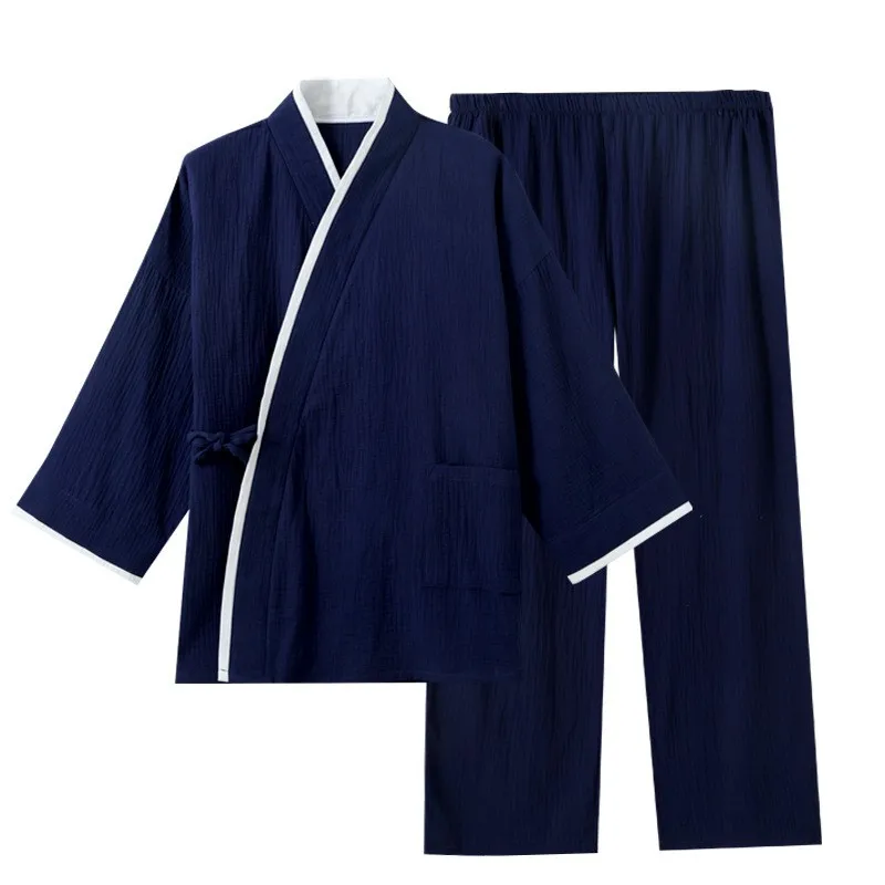 Pure Cotton crape Kimono Pajamas For Men Sleepwear Autumn New Long Sleeve Home Wear Pyjama Night Wear Loungewear Night Suit