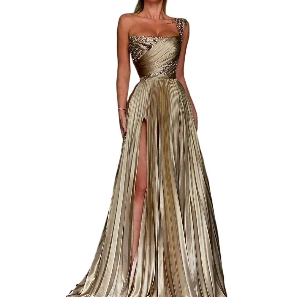 Prachtige gouden avondjurken A-lijn ruches zijsplit sweep trein één schouder pailletten damesjurken prom feestjurk op maat