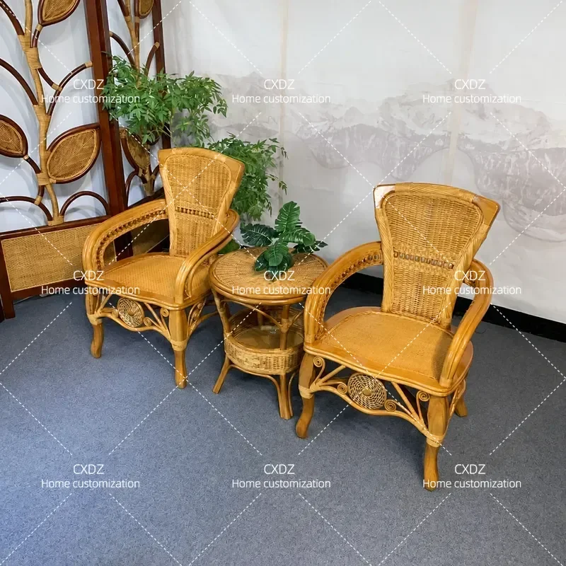 Natural Rattan Chair Set 3 Piece Balcony Furniture Comfortable Wicker Armchair with Backrest and Braided Tea Table Casual