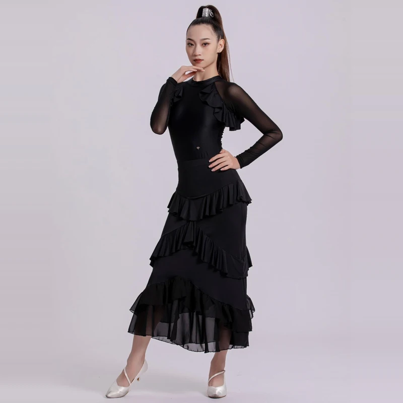 

Adults Latin Dance Clothing Women'S Ballroom Dance Performance Costume Black Long Sleeved Latin Top Ruffled Skirt SL11734