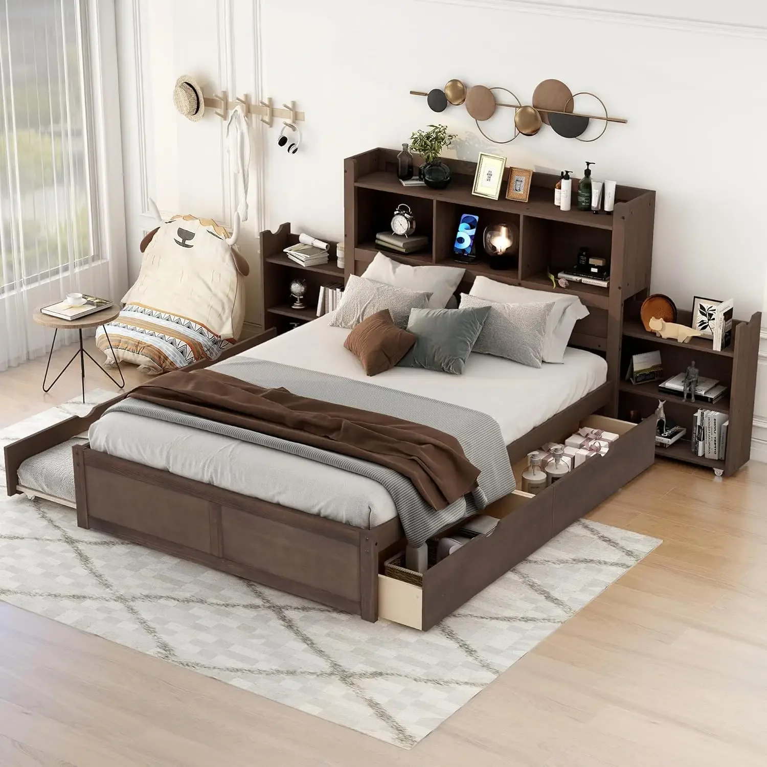 Full Size Storage Bed with Bookcase Headboard & Trundle - Wood Platform Frame with Charging Station, Pull-Out Shelves & Drawers