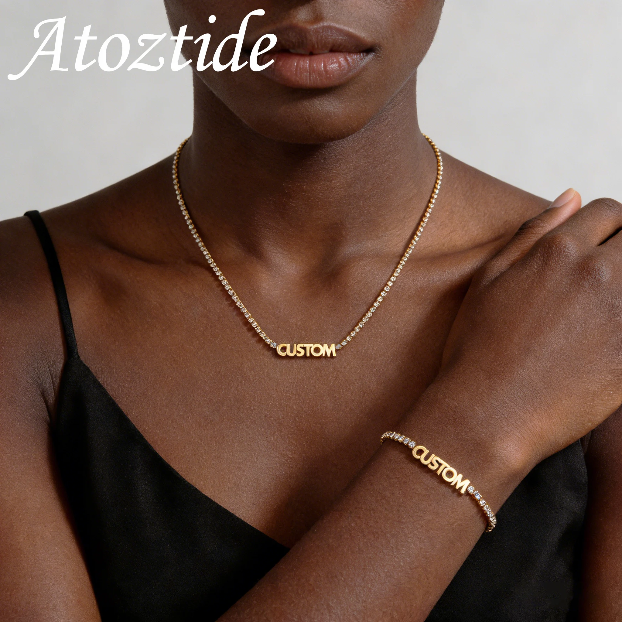 

Atoztide Custom Name Necklace Bracelet Jewelry Set with Zircon Stone Chain Stainless Steel Nameplate Personalized Birthday Gift