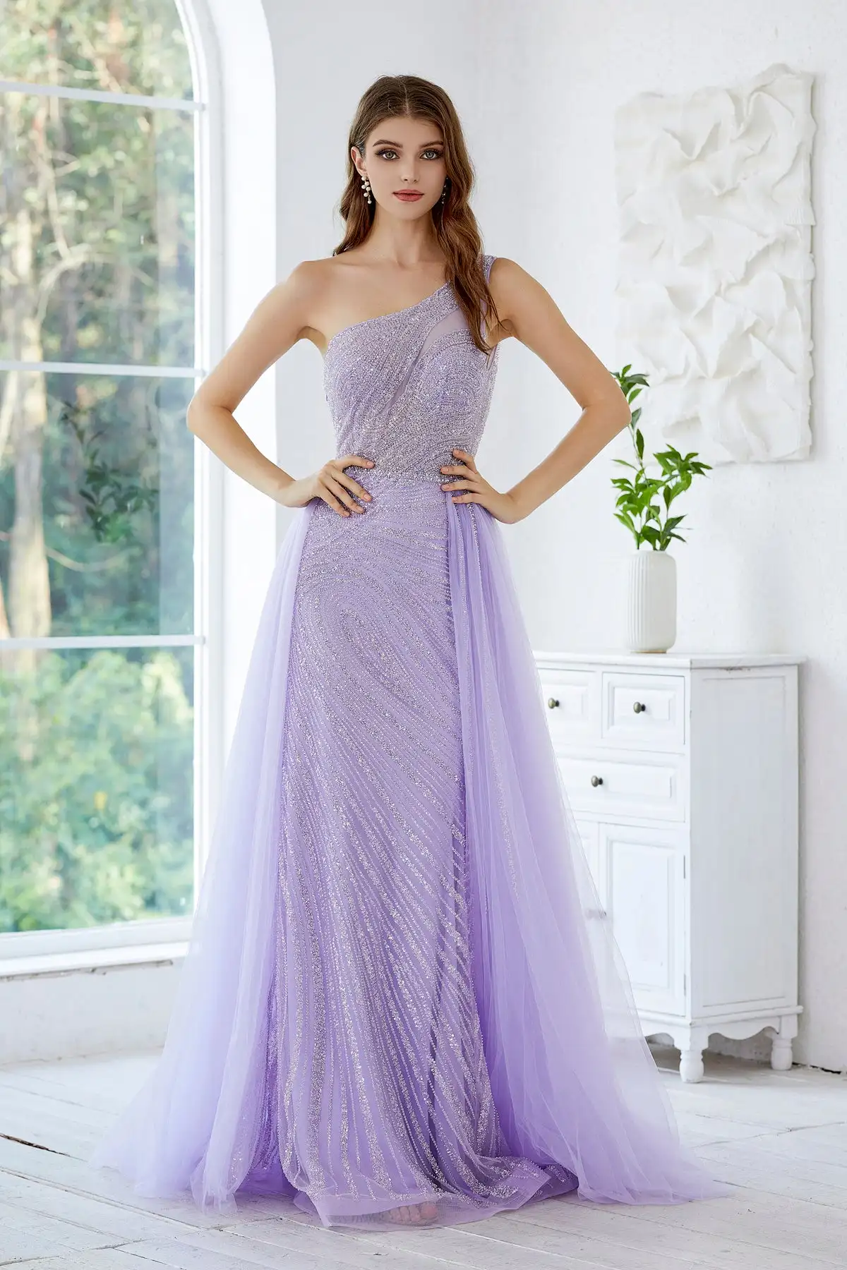 Luxury Dubai Lavender Evening Gown Mermaid Side Slit Lilac One Shoulder Wedding Formal Party Dress