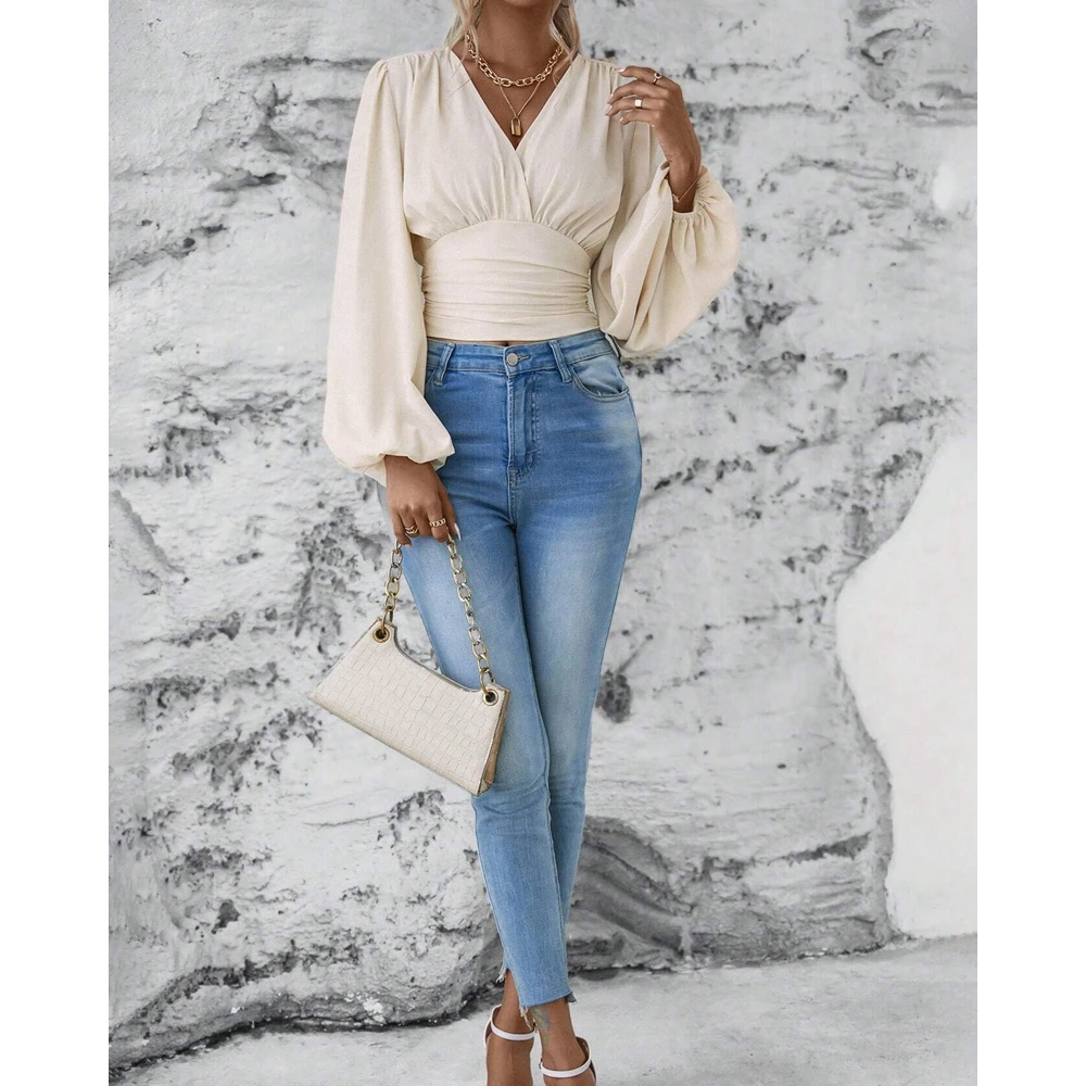 Autumn Women V-Neck Ruched Lantern Sleeve Blouse Top Fashion Skinny Shirring Waist Solid Color Elegant Femme Work Wear Top Traf