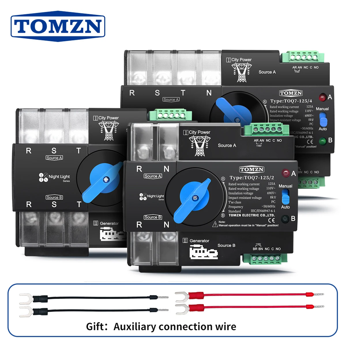 TOMZN DIN Rail 3 Phase 2P 3P 4P 63A 100A 125A AC110V 120V Dual Power Automatic Transfer Electrical Selector Switch Uninterrupted