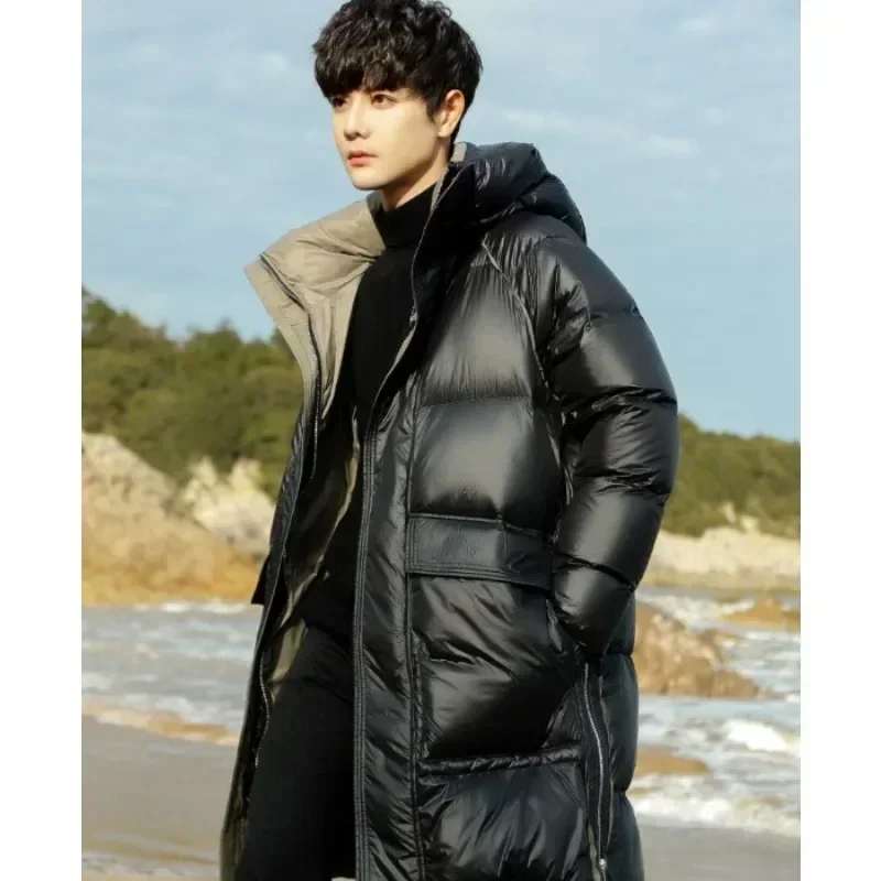 Winter Bright Down Jacket for Men Thickened Mid-length Trend Handsome Warm Coat Young Student High Quality High Appearance Level