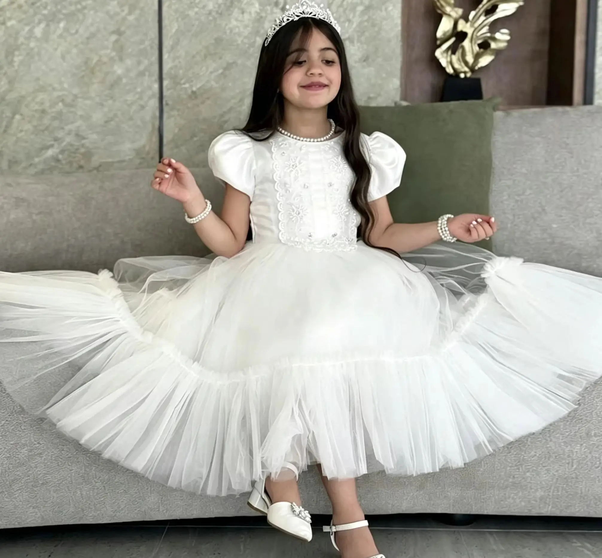 

Princess Flower Girl Dress For Wedding Short Sleeve Tulle Tea Lenght Kids Birthday Party First Communion Gowns Custom