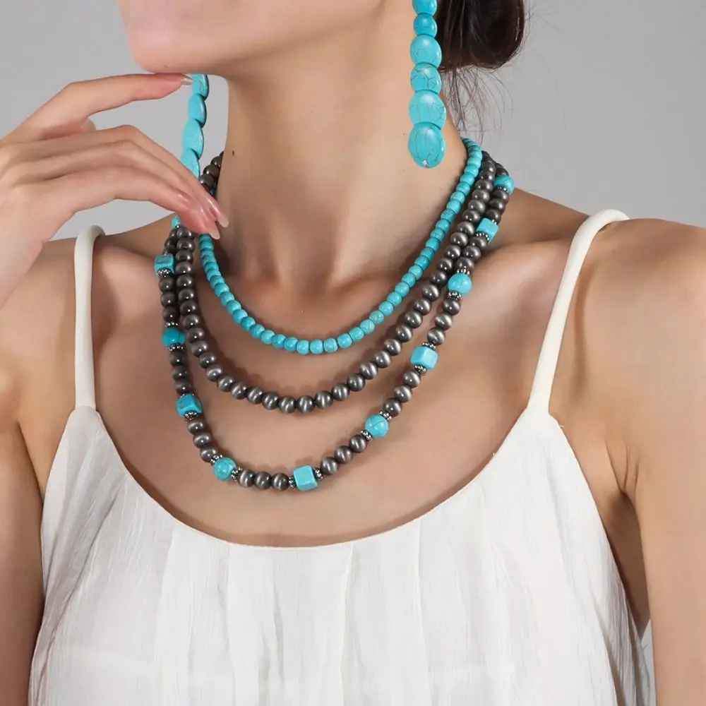 Fashion Bead Multilayer Turquoise Necklace Ethnic Style Stacked Western Country Necklace Retro Pendant Beach Choker Gift