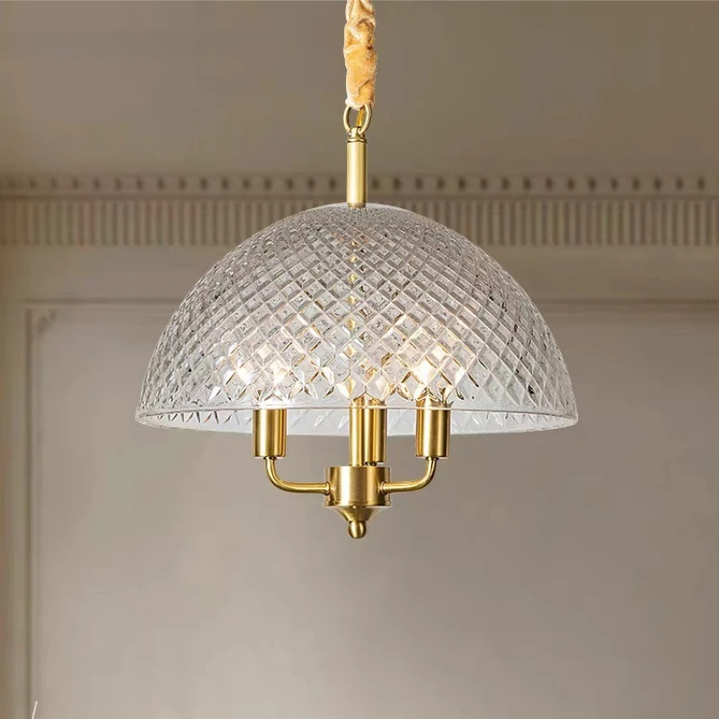 All Copper Luxury Pendant Lights Retro Water Patterned Glass French Restaurant American Bedroom Bar Counter Entrance Chandeliers
