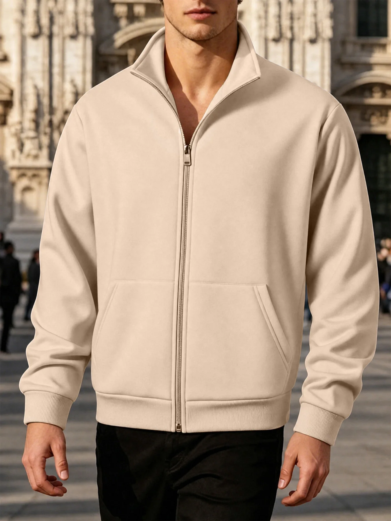 Classic Solid Color Mens Zip Up Stand Collar Smooth Full Zipper Front Practical Side Pockets Elastic Rib Trim Cuffs Hem Relaxed