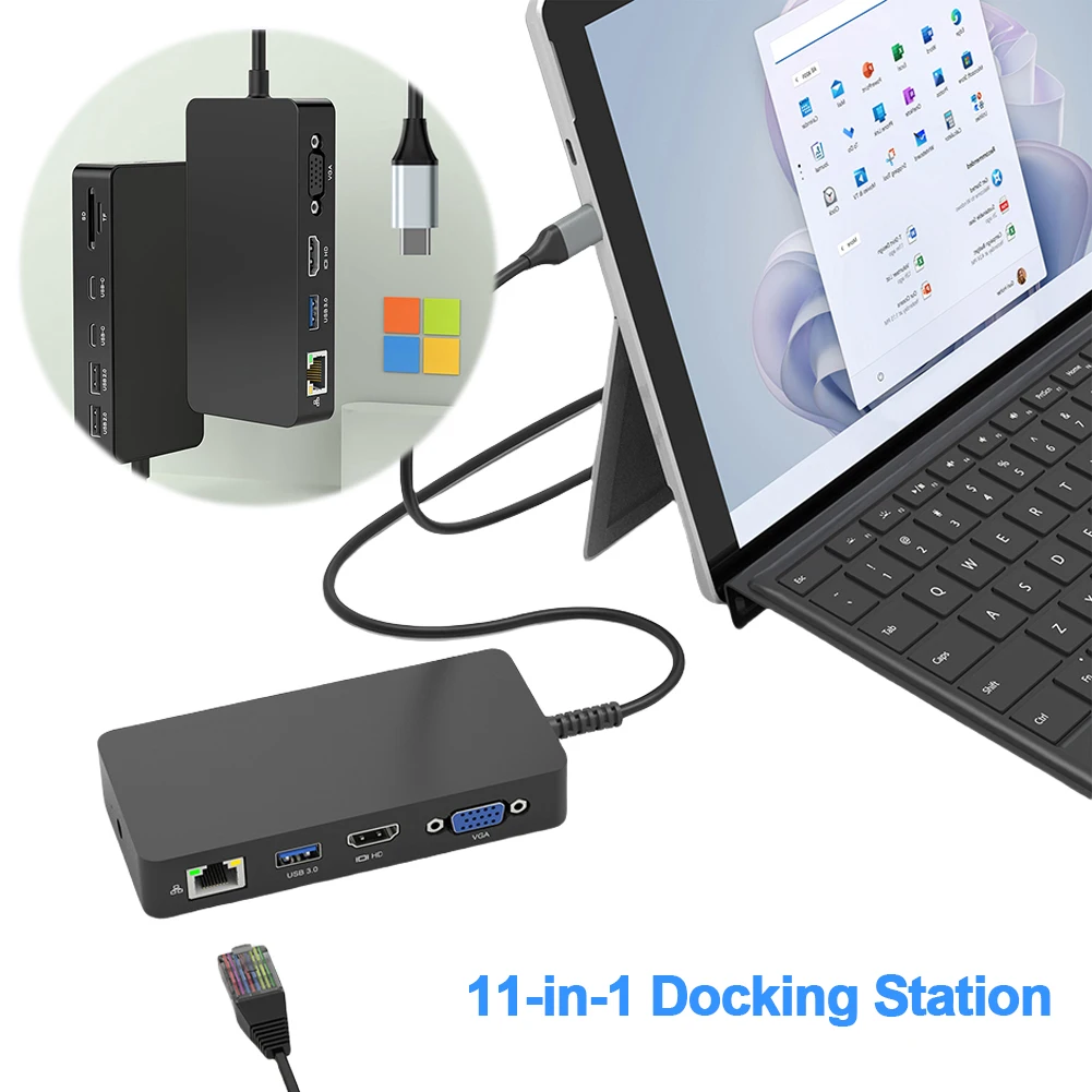 11 in 1 For Microsoft Surface Dock W/ 3 USB +2 USB C Port PD 100W + 5Gbps Data Hub Docking Station for Surface Pro 11/10/9/8/X/7