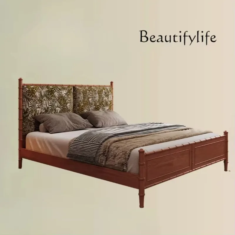 X36 French Retro Bedroom Double Ash Wood Solid Wood Medium Ancient Style 1.8 Meters Soft Bag Master Bedroom Bamboo Shadow Bed