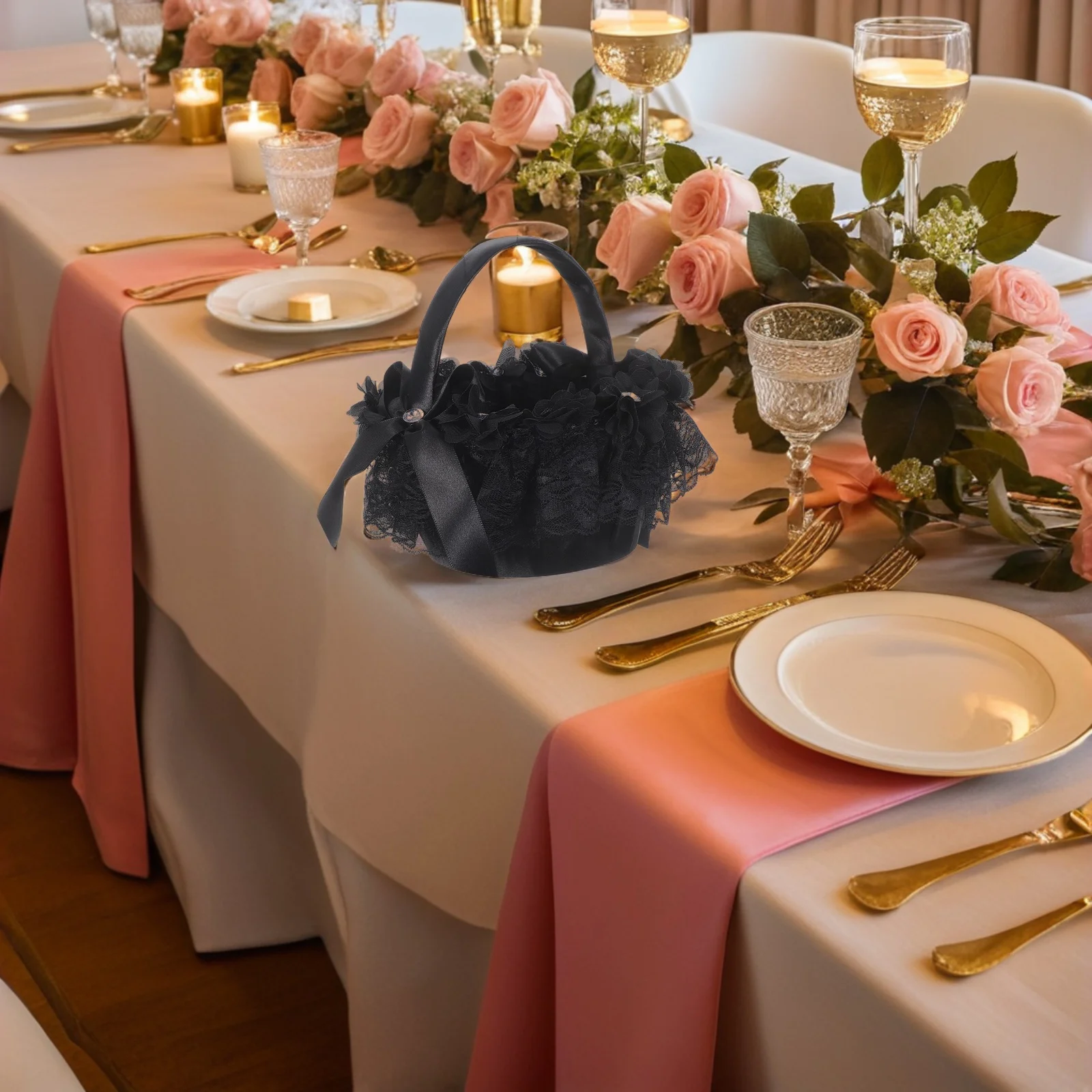 

Wedding Flower Basket Black Rhinestone Bowknot Design For Flower Petals Candy Holder Bridal Shower Party Decor Basket