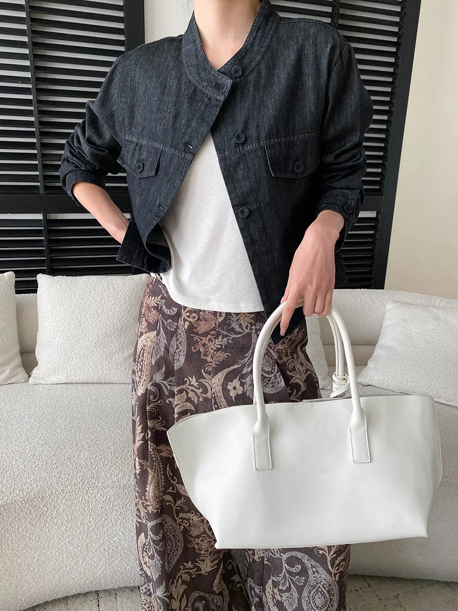 Autumn new retro casual solid color stand up collar long sleeved split jacket denim jacket
