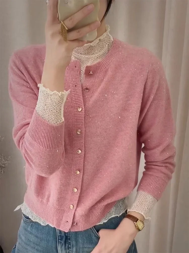 

Корейский теплый вязаный кардиган с блестками и круглым вырезом, осенне-зимняя новинка, универсальный топ больших размеров