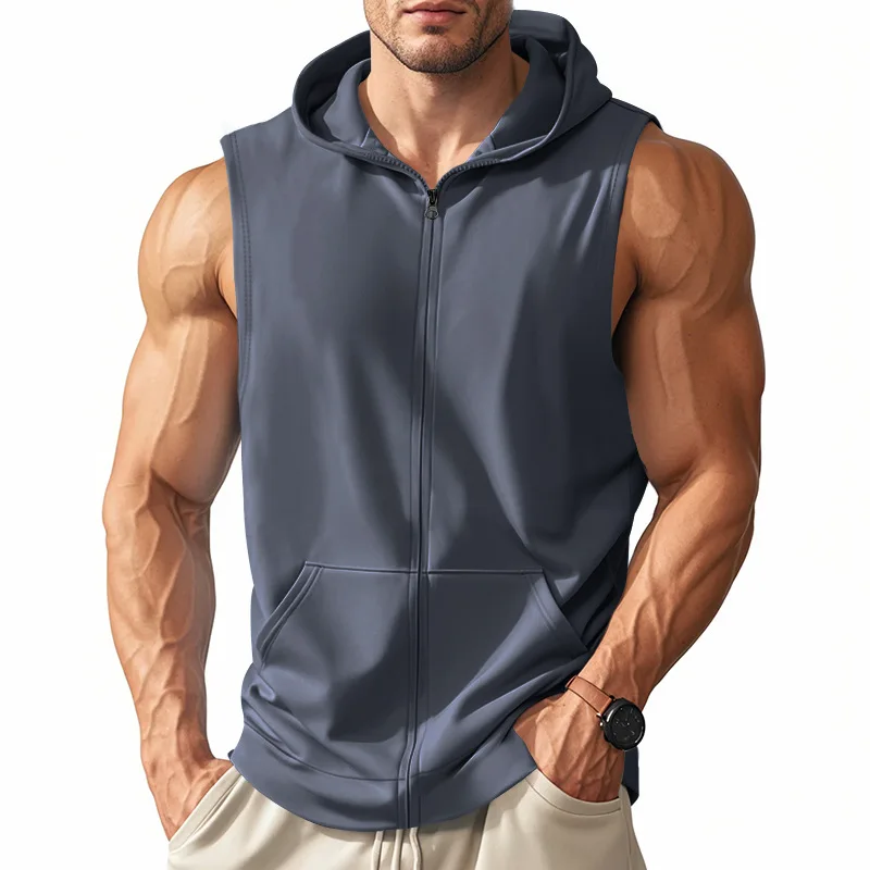 American Summer Neue Kapuzenweste für Herren, Sport, Fitness, Training, Reißverschluss, Strickjacke, ärmellose Weste – Detail 22