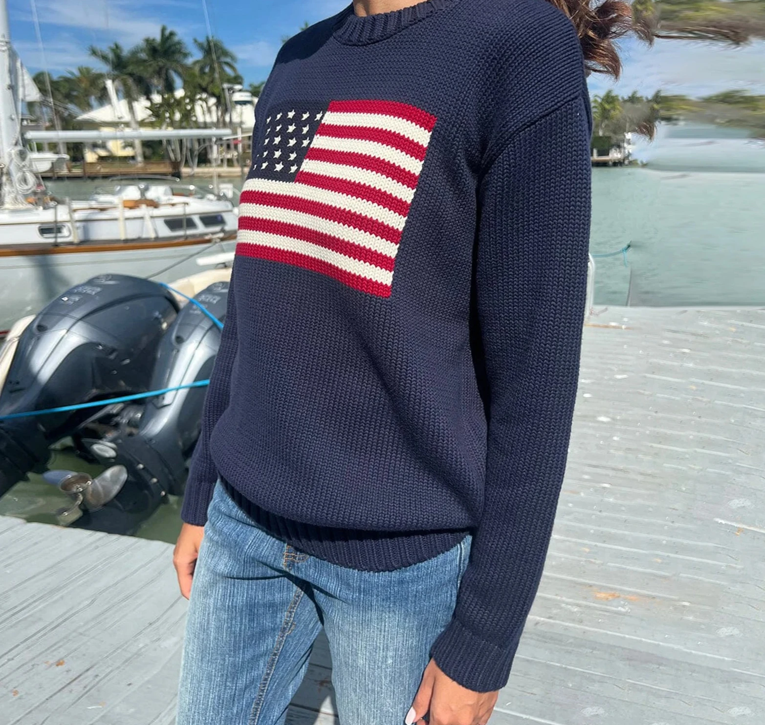 Casual Loose Pullover KnitwearWomen American Flag Sweater Autumn Long Sleeve Crew Neck Loose Fit Knitted Pullover Tops