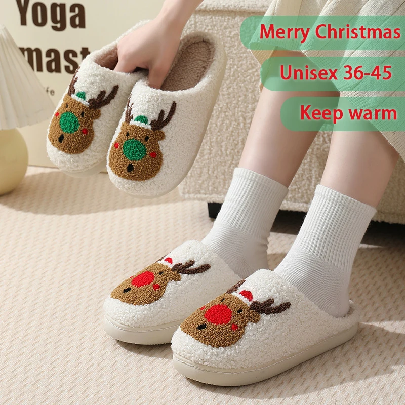 Christmas Winter Home Slippers For Women And Men Indoor Warmth Elk Cotton Slippers Unisex Size 36-45