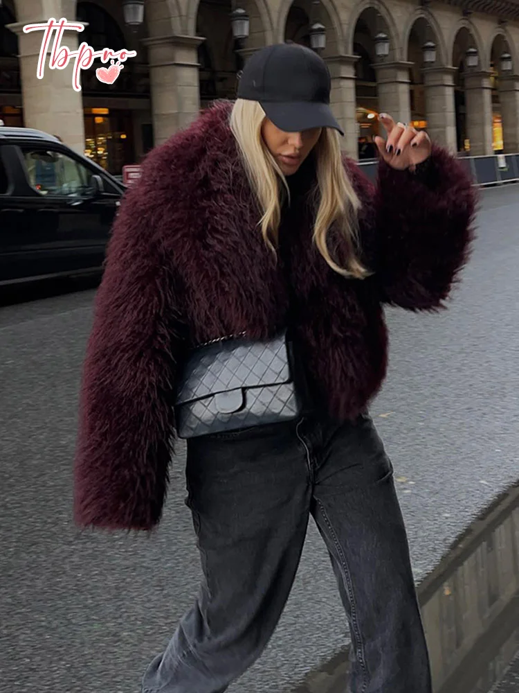 Women's Fashion Burgundy Fluffy Furry Warm Cropped Coat Elegant Faux Fur Lapel Thicken Warm Jacket 2024 New Lady Chic Streetwear