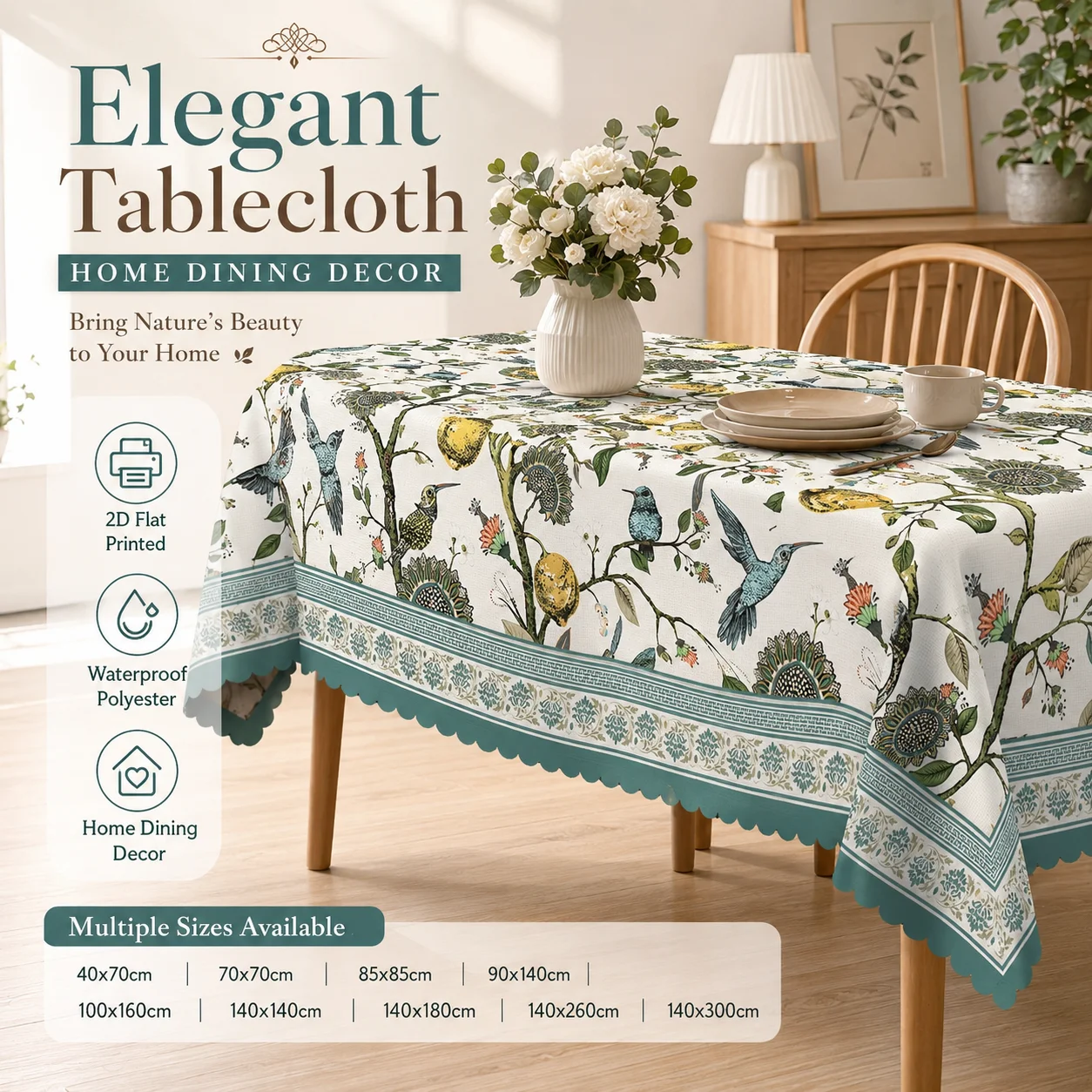 

Elegant Peach Skin Polyester Tablecloth 2D Flat Printed Waterproof Botanical Table Cover For Garden Party Wedding Decor