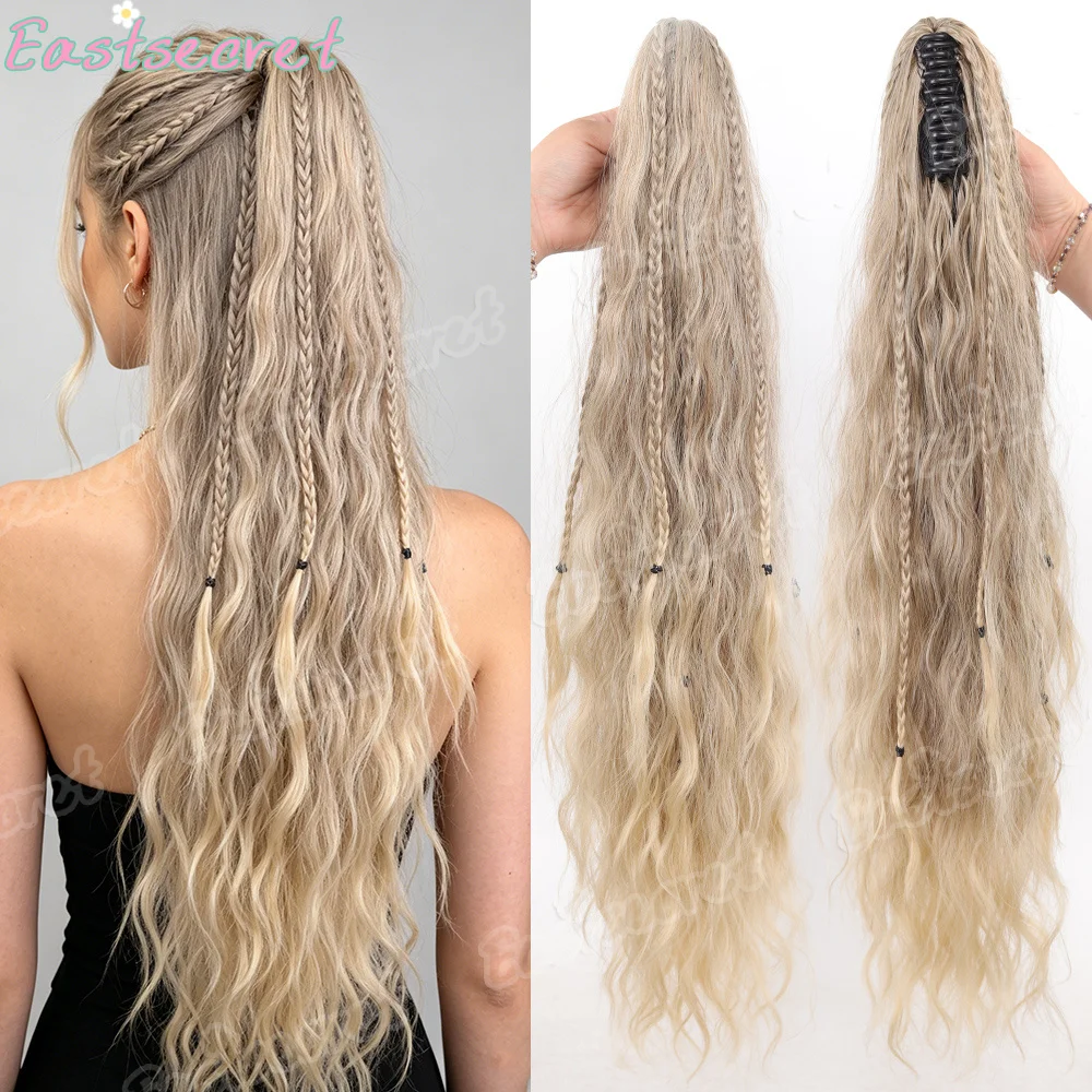 Synthetic Water Wave Claw Clip 26 inches Blonde Heat Resistant Fiber Fluffy Messy Small braids Ponytail Hair Extensions For Wome