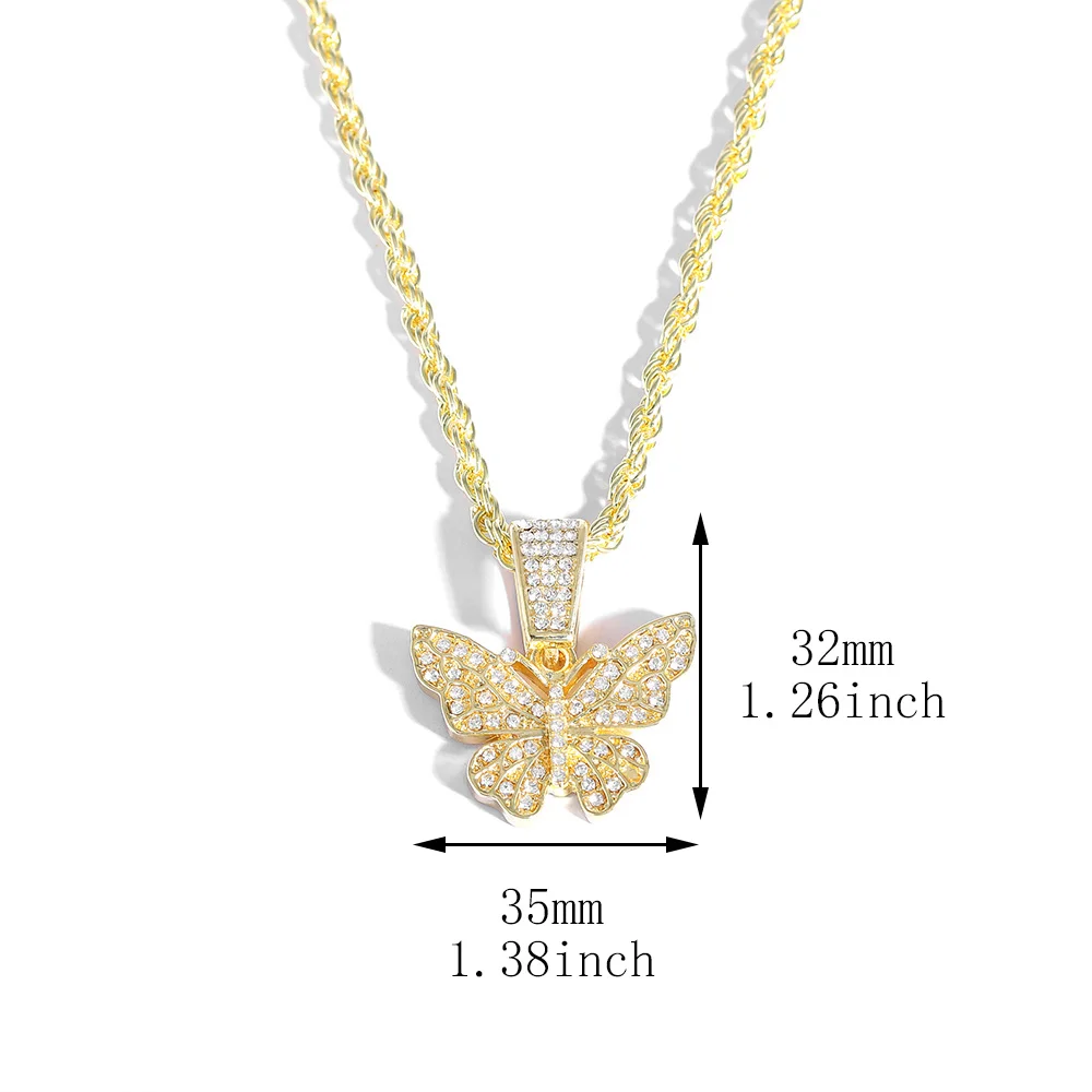 Sparkling Large Butterfly Shape Pendant Match Iced Out 4mm Rope Chain Shiny Accessories Stylish Jewelry for Men Women Gift