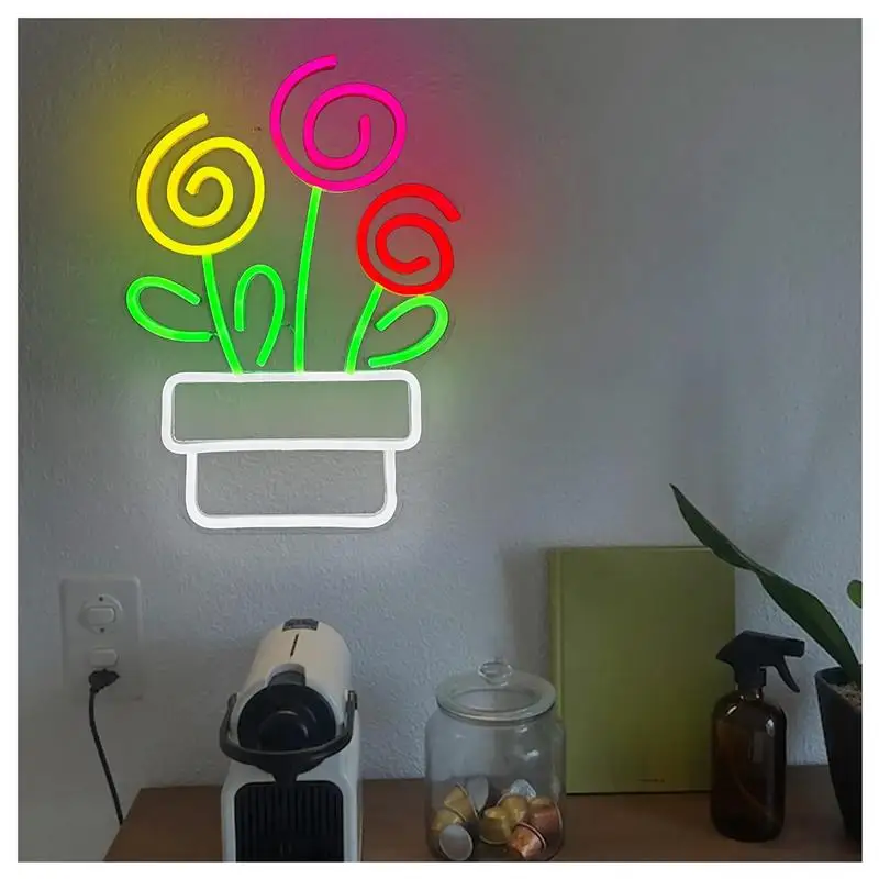 Flower Potted Neon Sign Potted Dimmable Light For Room Wall Aesthetic Decor For Home Bar Room Party 27cm×37.5cm