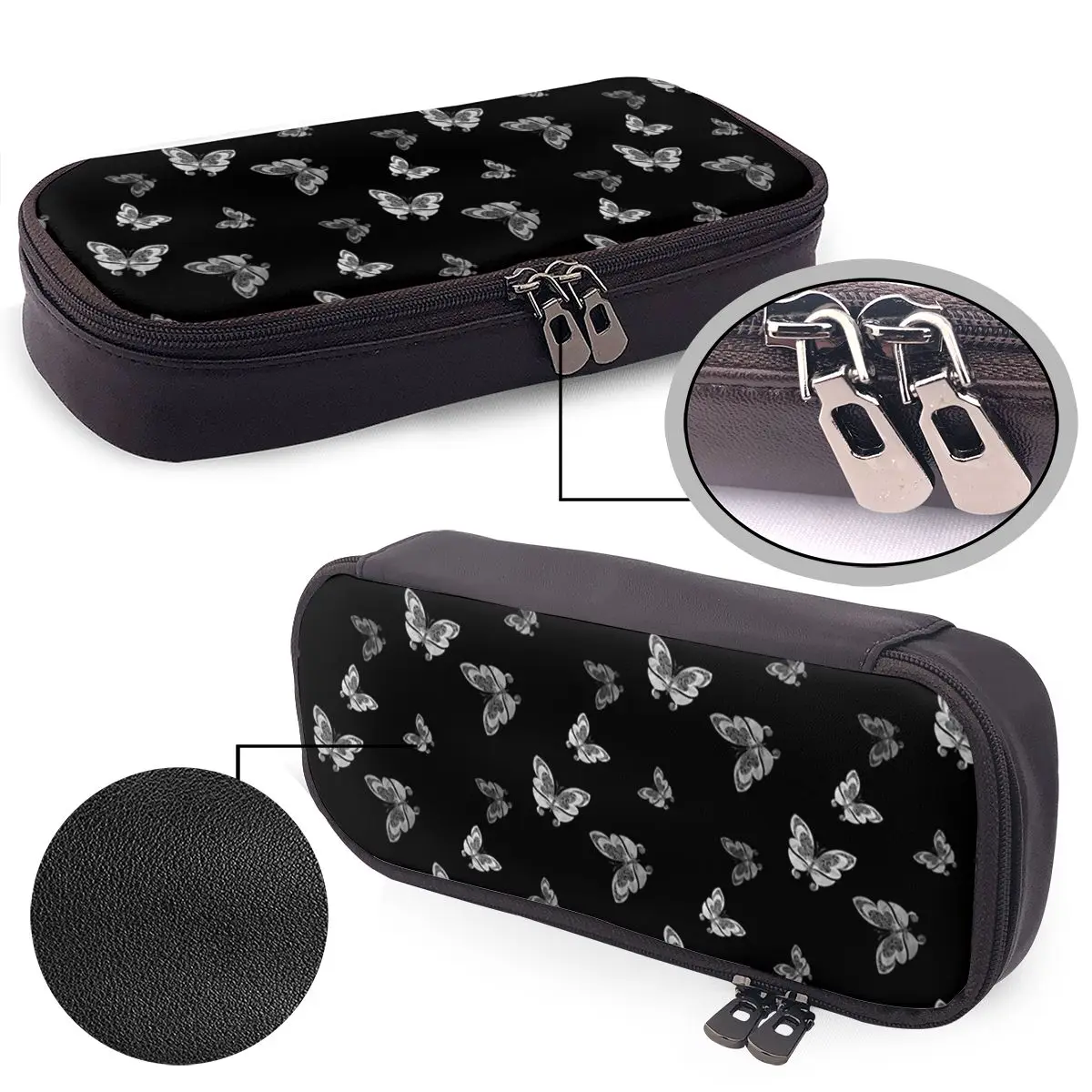Butterflies Pattern (white) Leather Pencil Case for Boys Girls Gifts Pen Box Pencil Bag Stationery Supplies Pen Holder Bag