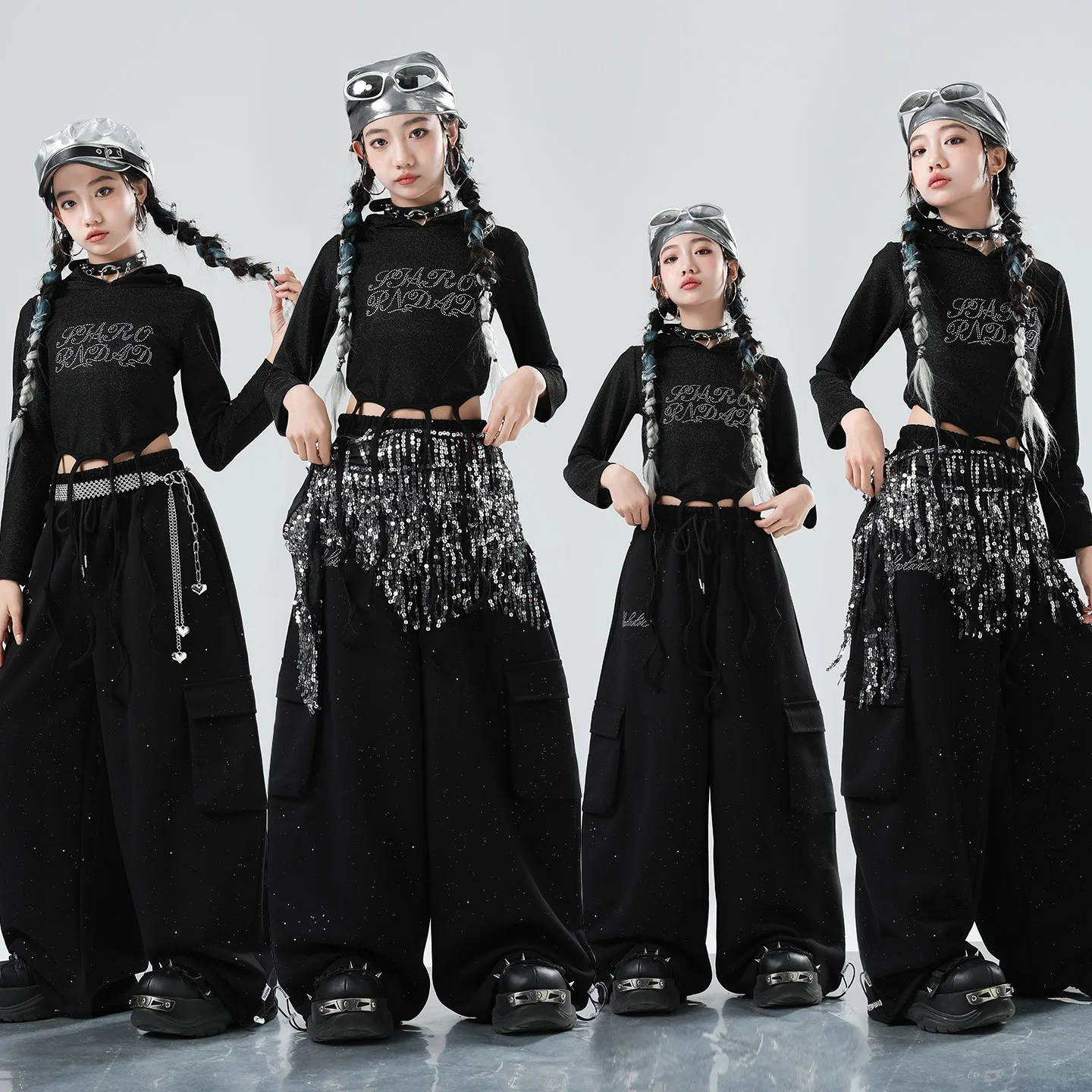 

Одежда для танцев в стиле хип-хоп для девочек, черный костюм с длинными рукавами, топы с пупком, мешковатые брюки, одежда для джазовых тренировок, спортивная одежда BL18078