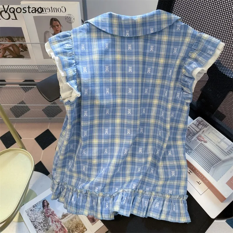 Japanese Vintage Cute Lolita Blouses Women Kawaii Cartoon Bear Plaid Flying Sleeve Shirts Girls Harajuku Y2k Tops Blusas Mujer
