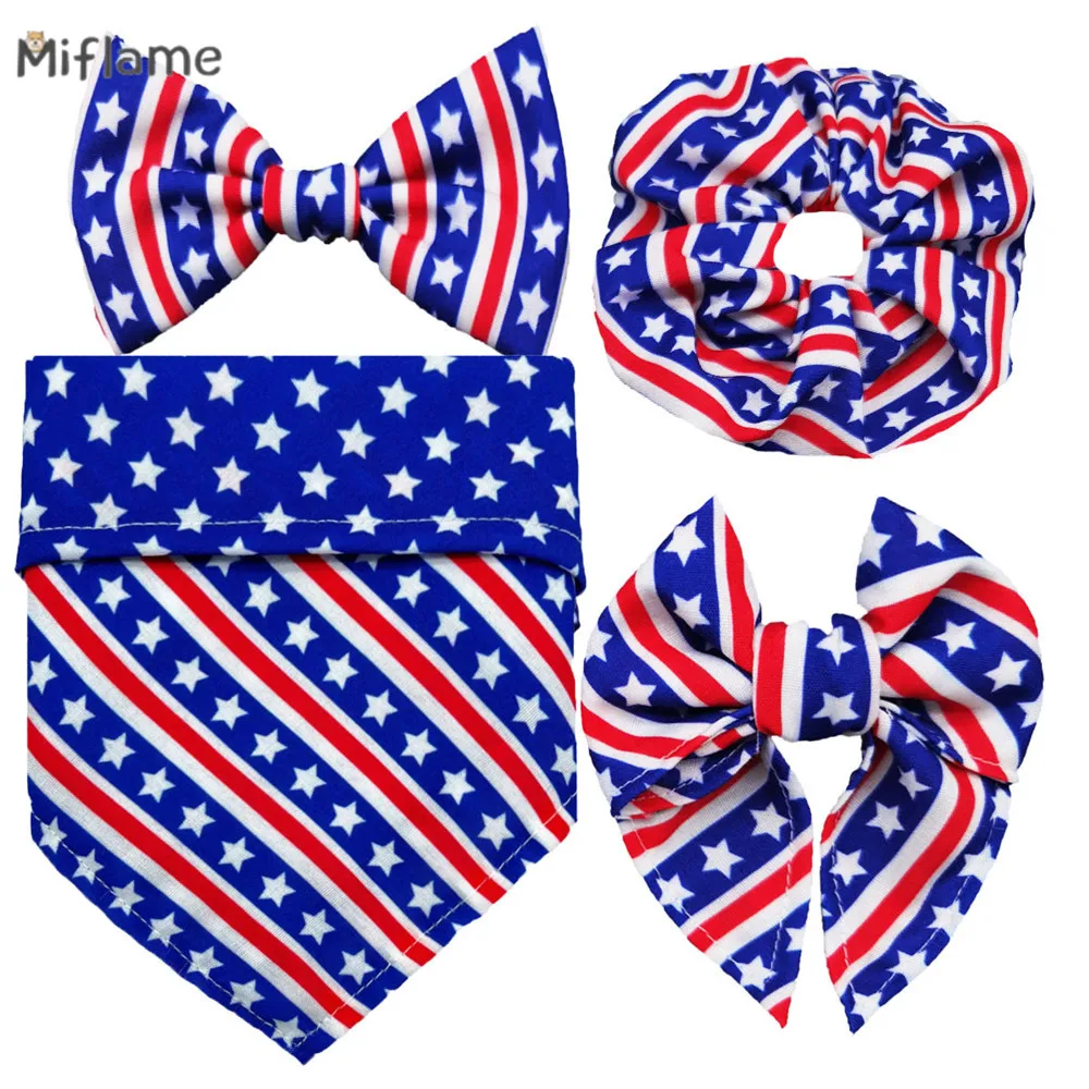 Miflame Independence Day Small Dog Festive Party Kit Chihuahua Yorkies Handsome Slobber Bib Collar Bow Hair Tie For Pet Supplies