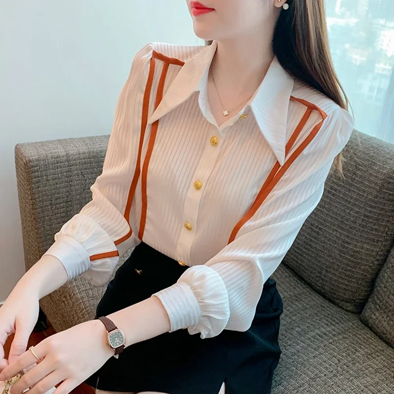 Elegant Long Sleeve Chiffon Shirts Women Autumn Winter Korean Fashion Clothing Blusas Mujer Striped Office Ladies Tops Blouses