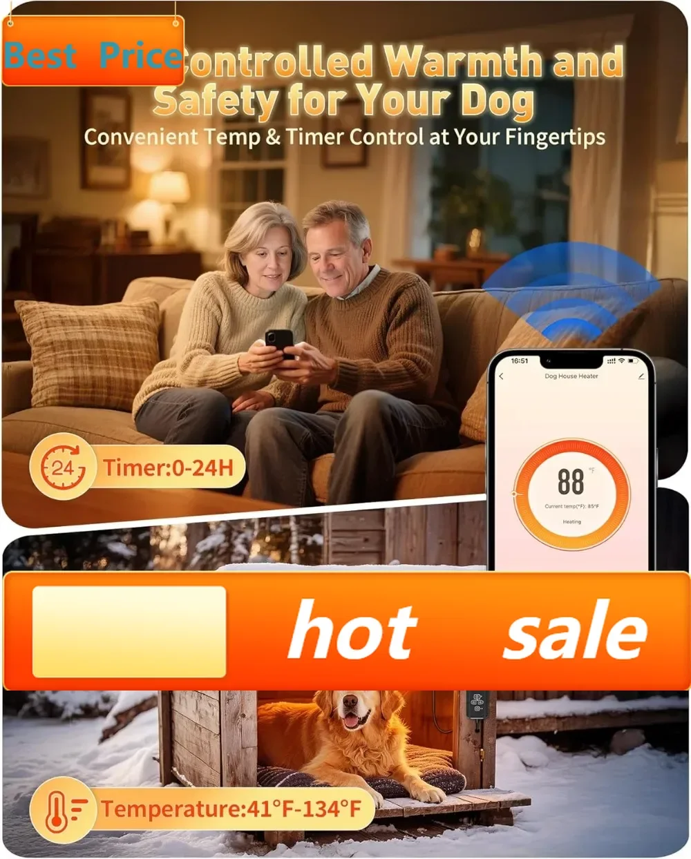 

Hot sales500W Smart WiFi Dog House Heater with Thermostat, APP Control, External Temp Probe, Timer for Outdoor Pet Kennel