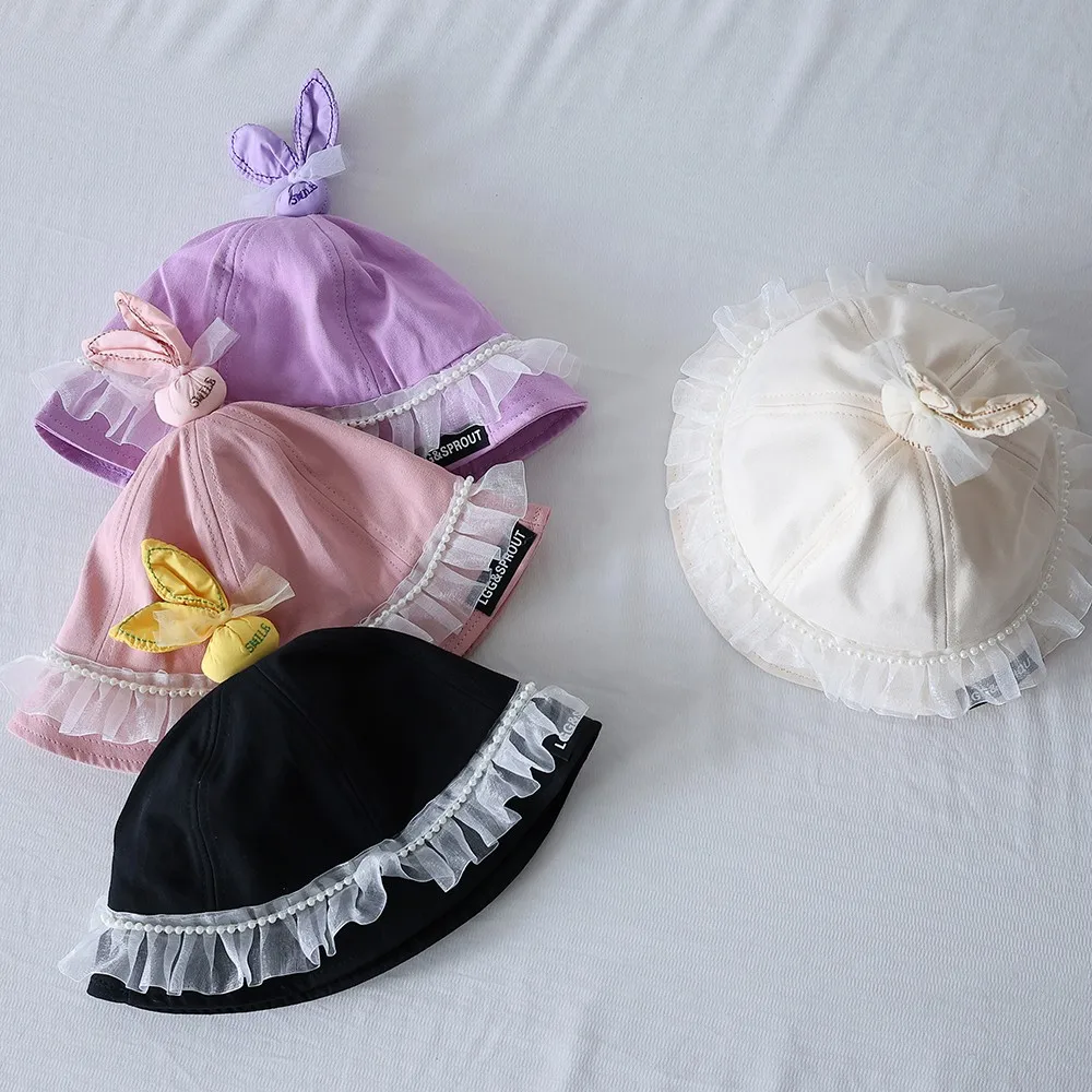 

New Sweet Baby Girls Mesh Lace Princess Fisherman's Hats Fashion Girls Basin Caps Cotton Children Bucket Hat Kid Sunscreen Cap