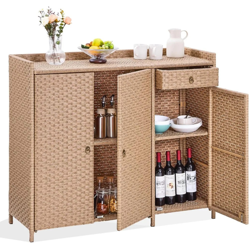 

Outdoor Storage Cabinet, Weather-Proof Rattan Bar Table with 2 Doors, Adjustable Shelves & Foldable Drawer, Wicker Storage Cabin