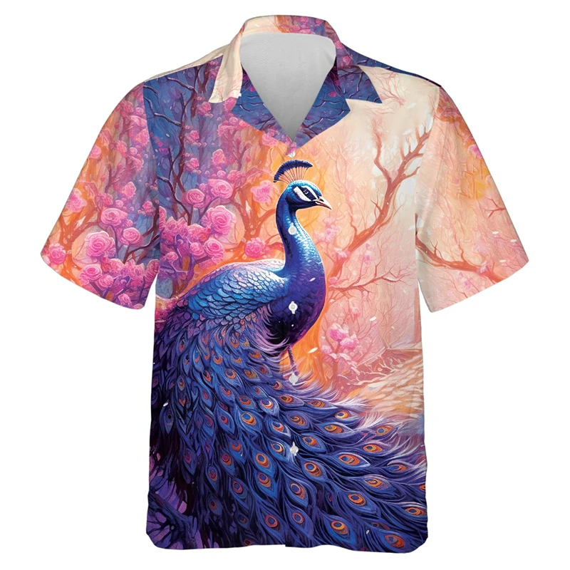 Peacock 3D Print Hawaiian Beach Shirts Men Women Casual Fashion Streetwear Oversized Short Sleeve Shirt Tops Blouse Man Clothing